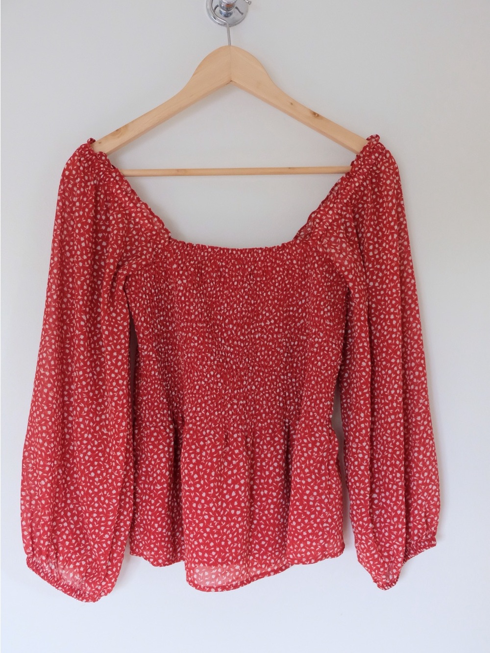 Madewell Smocked Peplum Blouse Red Long Sleeve Top Cottagecore Size 0